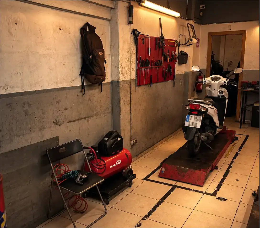 Motorcycles ready for rental in the workshop